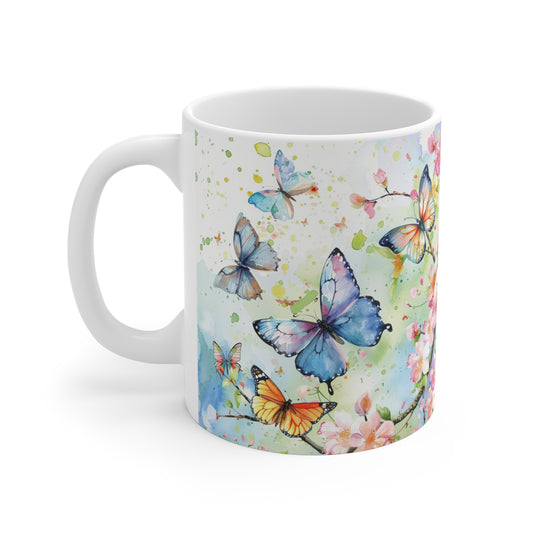 Schmetterlings Tasse Blumen – Farbenfrohe Kaffee Tasse mit Schmetterlingen und floralem Aquarell-Design