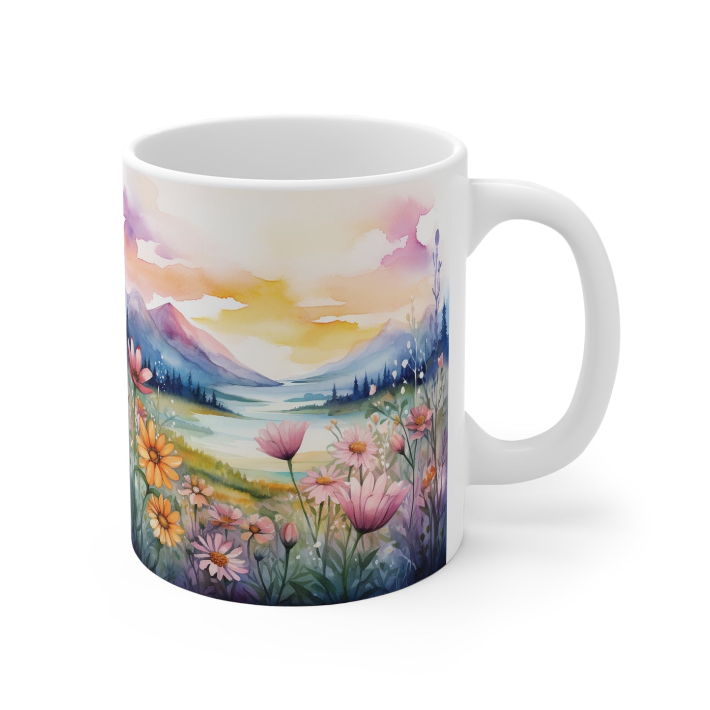 Aquarell Wildblumen Sonnenuntergang Tasse | Pastell Bergwiese Tasse