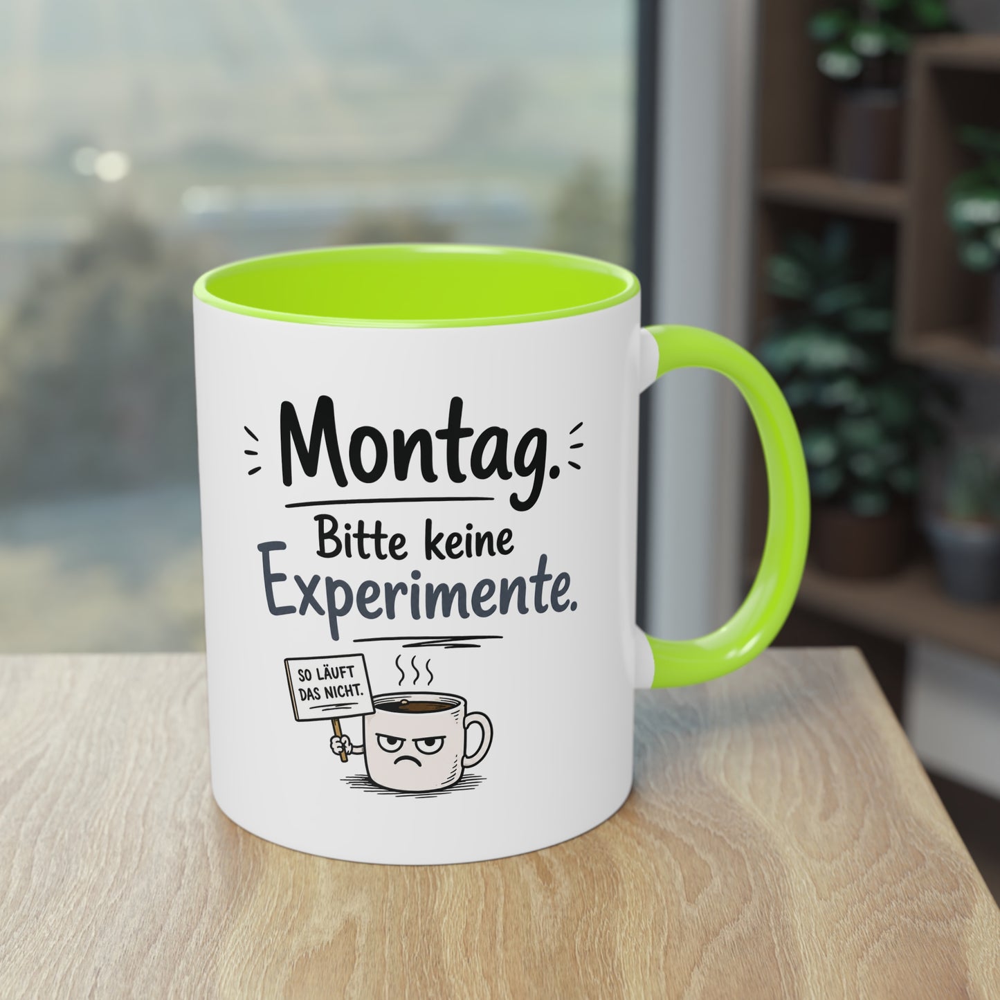 Tasse „Montag. Bitte keine Experimente.“ – Lustige Bürotasse mit Humor