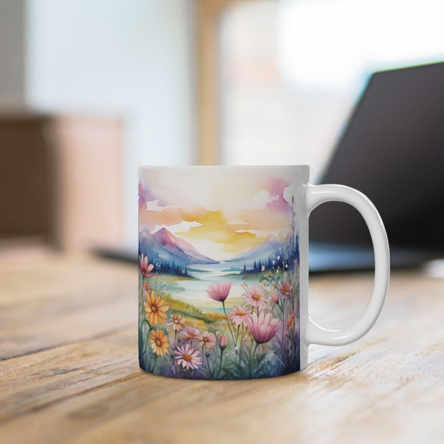 Aquarell Wildblumen Sonnenuntergang Tasse | Pastell Bergwiese Tasse