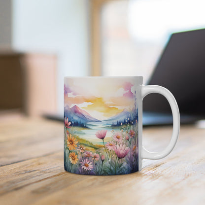 Aquarell Wildblumen Sonnenuntergang Tasse | Pastell Bergwiese Tasse