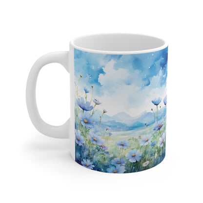 Blaublumen Wiese Aquarell Tasse | Blaue Blumenwiese Berg Tasse