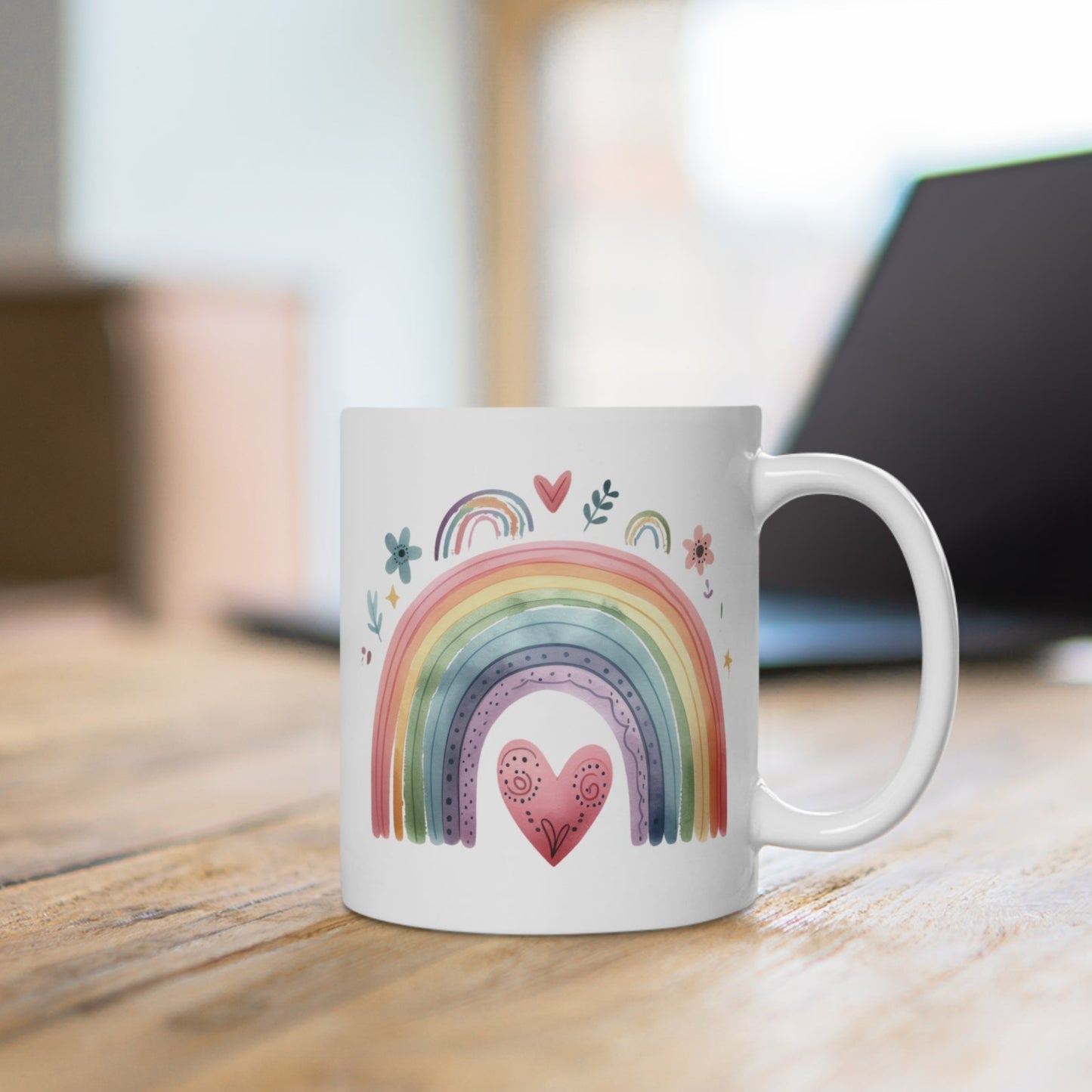 Regenbogen-Tasse mit Herz – Liebevoller Boho-Charme für jeden Tag