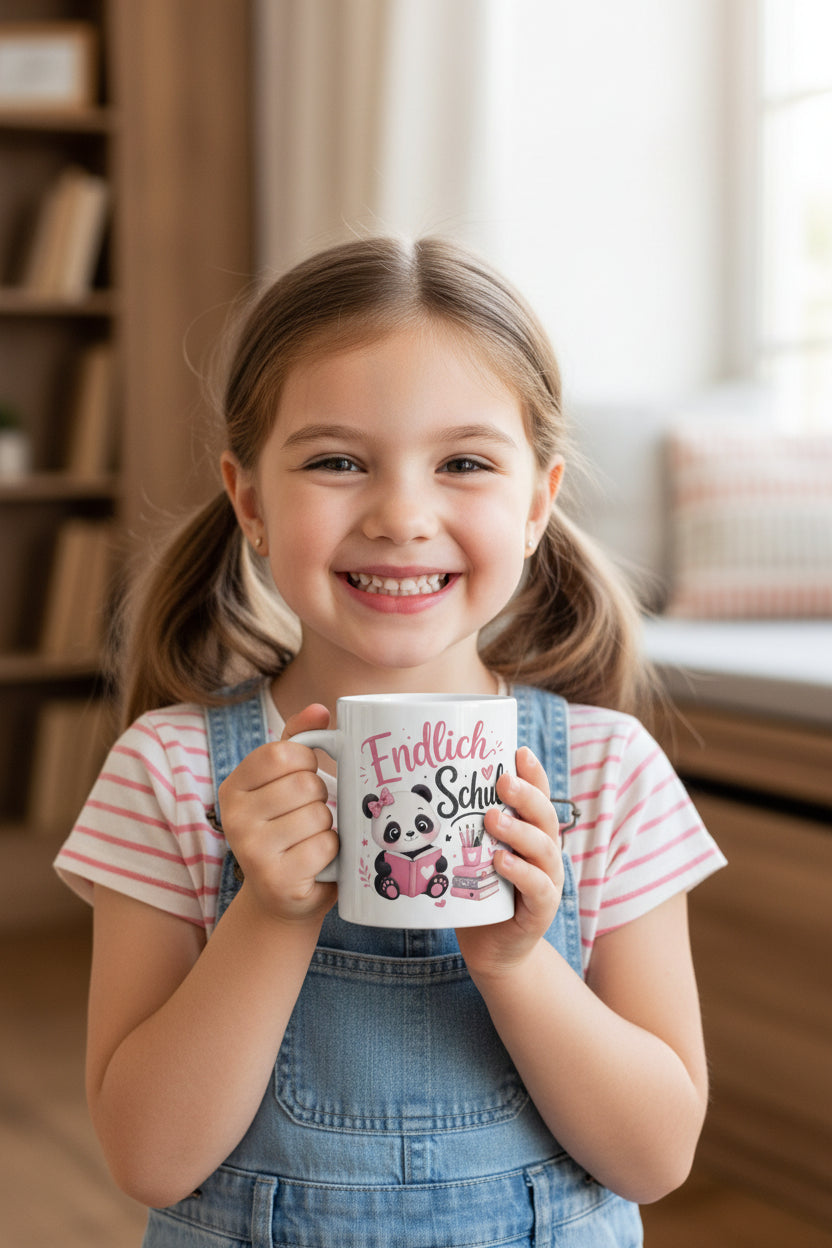 Tasse „Endlich Schule“ – Niedliche Panda-Tasse zur Einschulung