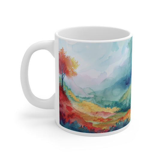 Aquarell-Landschaft Tasse – Farbenfrohe Naturkunst für entspannte Genussmomente 🌿🎨☕