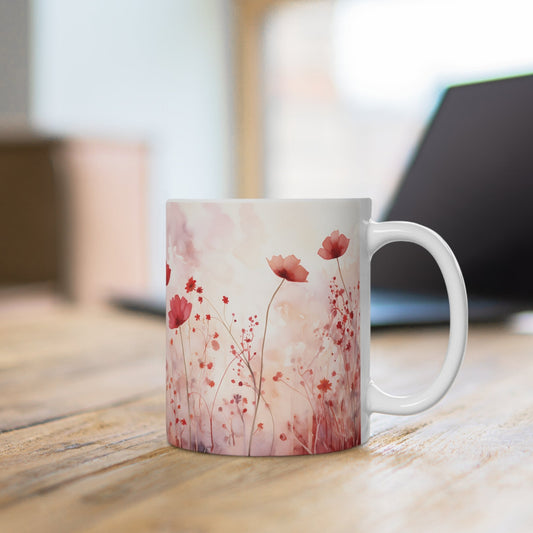 Mohnblumen Aquarell Tasse | Zarte Blumenwiese Becher Rosa