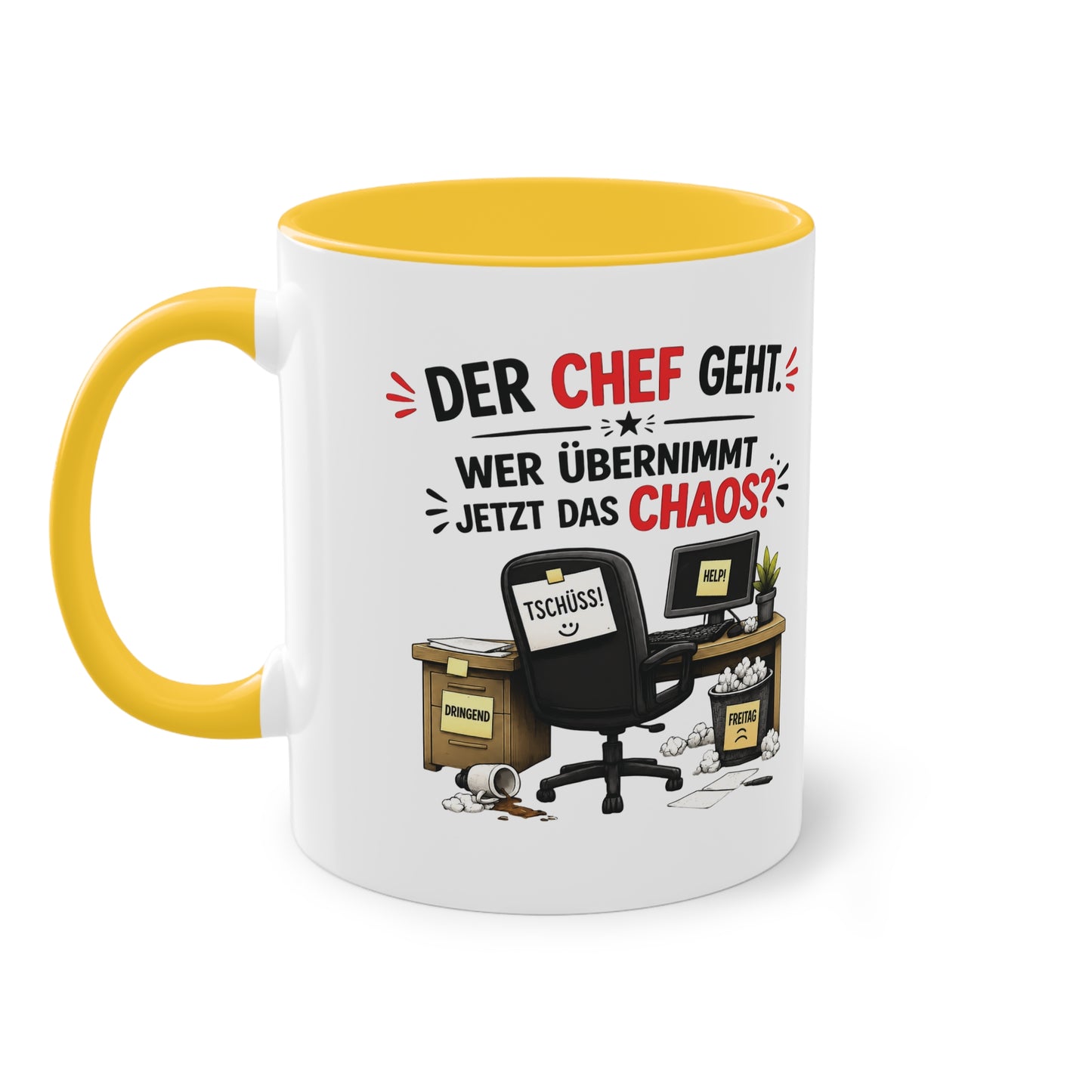 Tasse „Der Chef geht. Wer übernimmt jetzt das Chaos?“ ☕📋😅