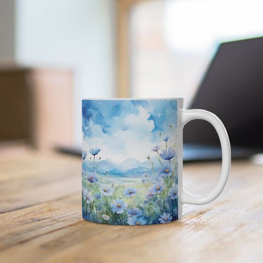 Blaublumen Wiese Aquarell Tasse | Blaue Blumenwiese Berg Tasse