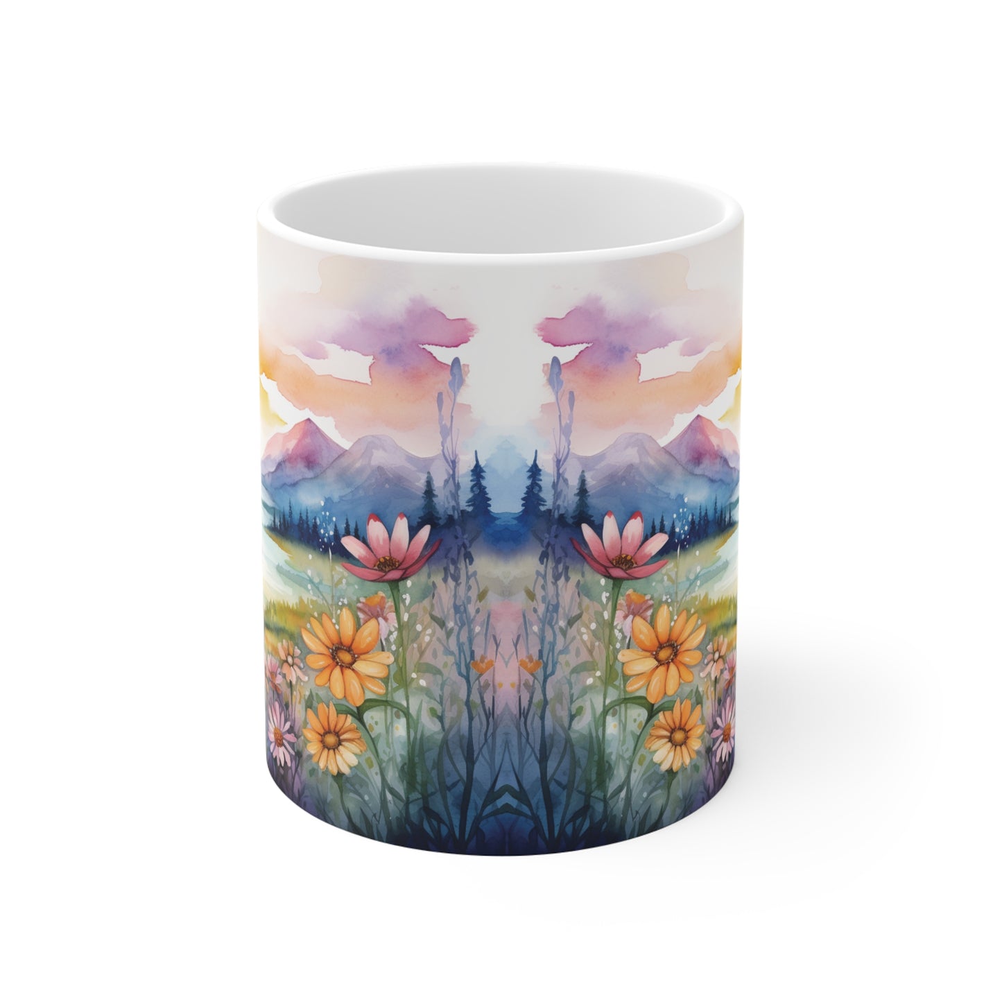 Aquarell Wildblumen Sonnenuntergang Tasse | Pastell Bergwiese Tasse