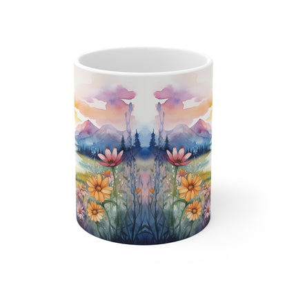 Aquarell Wildblumen Sonnenuntergang Tasse | Pastell Bergwiese Tasse