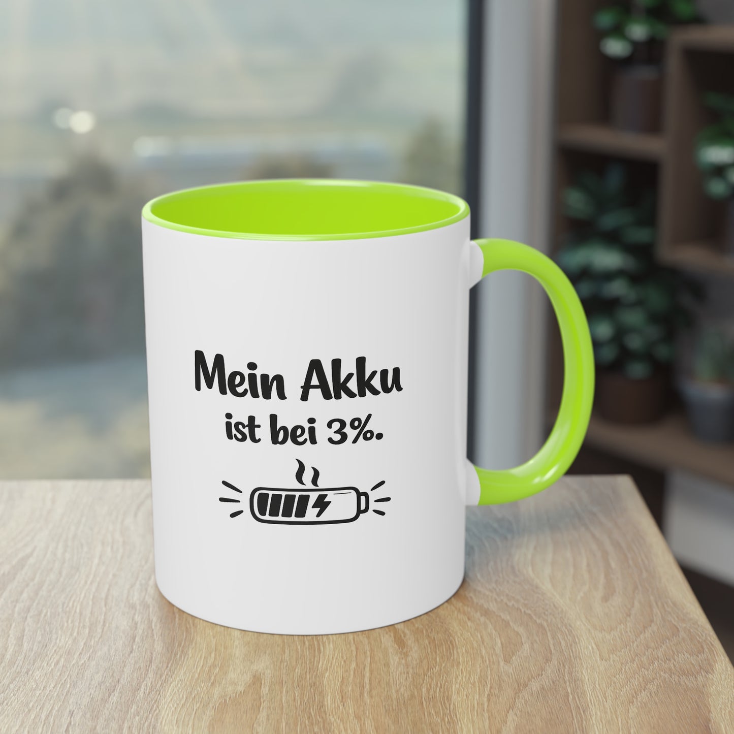 Tasse „Mein Akku ist bei 3 %.“ – Lustige Bürotasse mit Humor