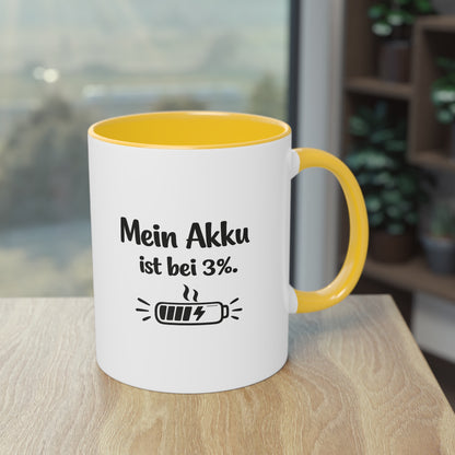 Tasse „Mein Akku ist bei 3 %.“ – Lustige Bürotasse mit Humor