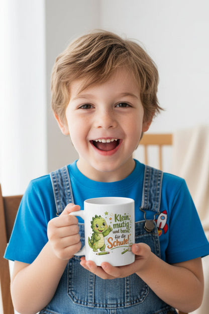 Tasse „Klein, mutig und bereit für die Schule!“ – Süße Dino-Tasse zum Schulanfang