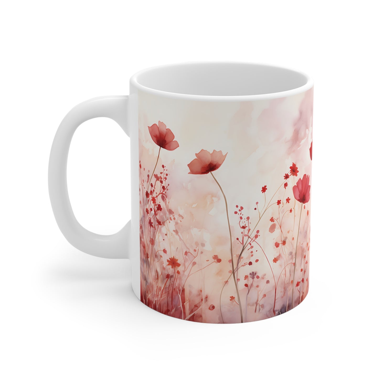 Mohnblumen Aquarell Tasse | Zarte Blumenwiese Becher Rosa