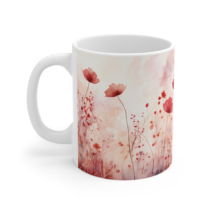 Mohnblumen Aquarell Tasse | Zarte Blumenwiese Becher Rosa