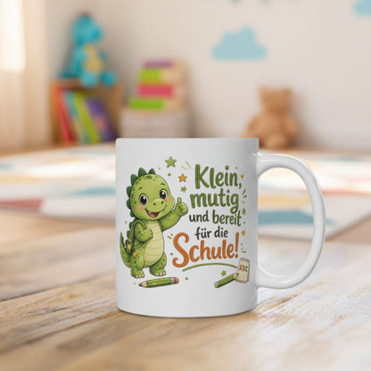 Tasse „Klein, mutig und bereit für die Schule!“ – Süße Dino-Tasse zum Schulanfang