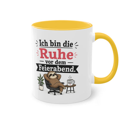 Tasse „Ich bin die Ruhe vor dem Feierabend.“ – Lustige Bürotasse mit Faultier-Motiv