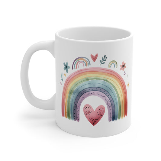 Regenbogen-Tasse mit Herz – Liebevoller Boho-Charme für jeden Tag