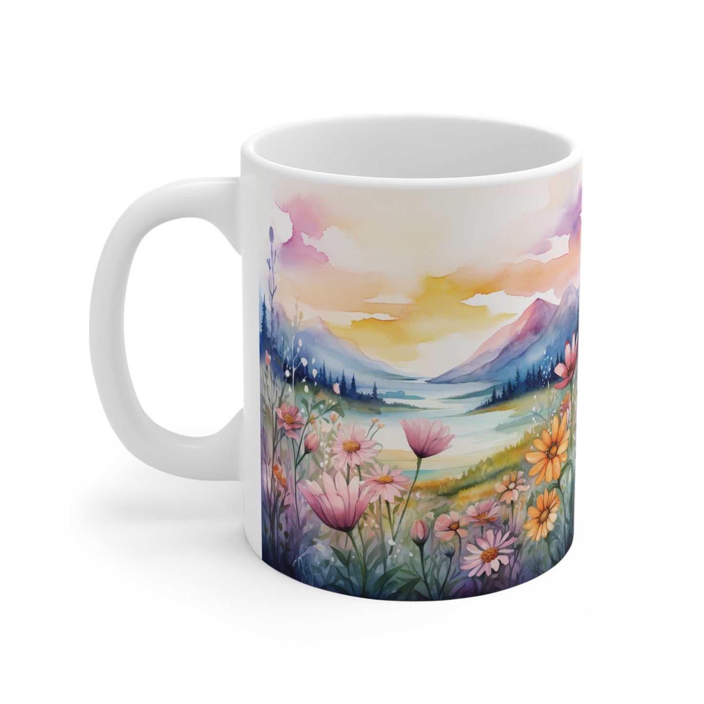 Aquarell Wildblumen Sonnenuntergang Tasse | Pastell Bergwiese Tasse