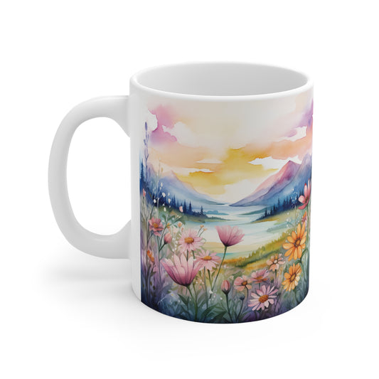 Aquarell Wildblumen Sonnenuntergang Tasse | Pastell Bergwiese Tasse